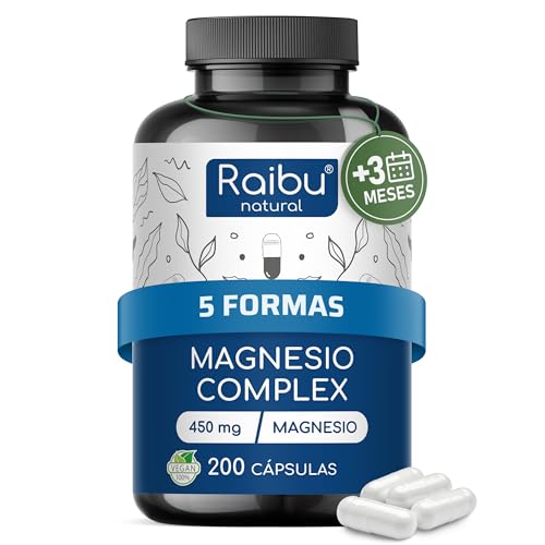 Magnesio Complex 450 mg - 5 en 1: Bisglicinato, Citrato, Carbonato, Óxido, Malato de Magnesio - 200 Capsulas, Más de 3 Meses de Suministro - Mejora tu Energía, Rendimiento y Descanso - Vegano