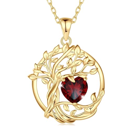 Collier Arbre de Vie femme en plaqué or 14K et pendentif grenat FANCIME 45cm