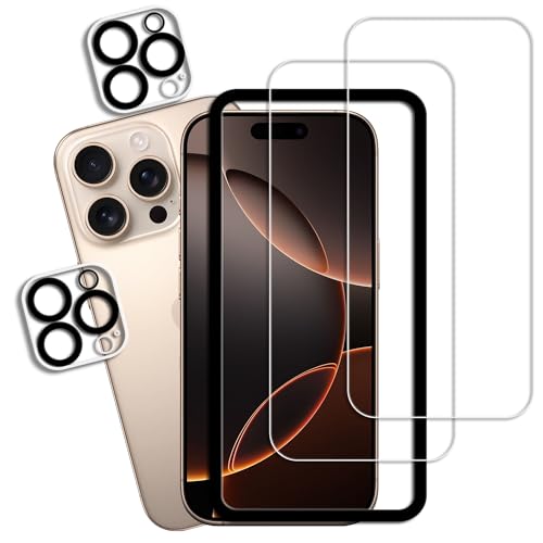 KPNS 対応iPhone16 Pro Max フィルム【2+2枚入り+ガイド枠付き】いPhone16 Pro Max ガラスフィルム (2枚) +カメラフィルム (2枚) 国産硝子素材製 全面保護 強化ガラス 保護 アイフォン16プロマックス フィルム