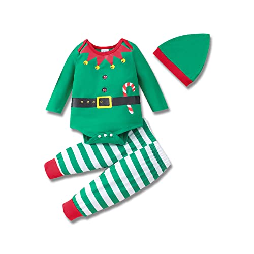 RETSUGO Newborn Elf Cloth Set for Baby Boys Girls Christmas Outfit Stripe Xmas Clothing Infant Christmas Clothes Sets My First Xmas Outfit Long Sleeve 3pcs Set 610 6-12 Months