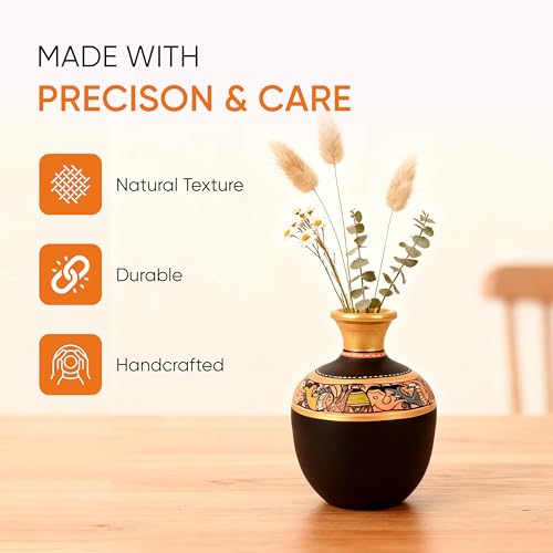 Image of Aakriti Art Creations Handcrafted Black Madhubani Terracotta Vase (6x4 HxD)| Traditional Hand-Painted Flower Vase| Matte Finish Decorative Vase for Living Room Decor, Table Decor,Shelf Decor & Gifting