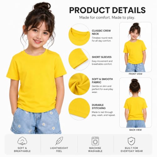 Image of Kids Round Neck Girls Tshirt | Short Sleeves | Natural Organic 100% Cotton Soft Comfortable Fabric | Plain Color Original Branded Half Sleeve | School t-Shirt for Girl Kid | Sleepwear Everyday Casual