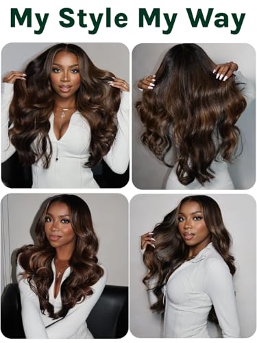 Image of KLAIYI Ombre Brown V Part Wig Body Wave Human Hair Upgrade U Part Wig with Dark Roots Glueless Chestnut Brown Clip in Half Wig No Glue No Leave Out Beginner Wigs for Women 30S Wear and Go Wig 26Inch