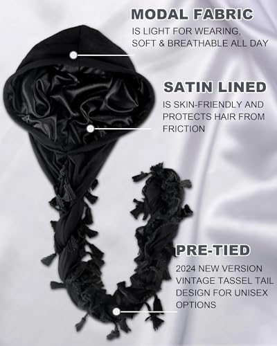 Babalet Halo Turban for Men Women Satin Lined Durag Head Wraps Skull Cap Pre-Tied Tassels Braid Beanie Vintage Twist Bonnet2