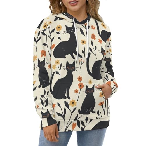 Sweat à capuche chat noir et fleurs la solution confort contre la fraîcheur - 2