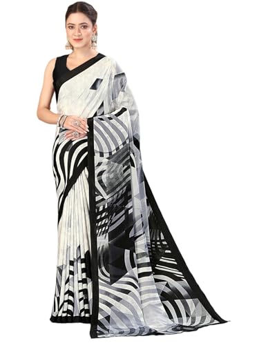 Image of SIRIL Women's Crepe Silk Printed Saree with Unstitched Blouse Piece