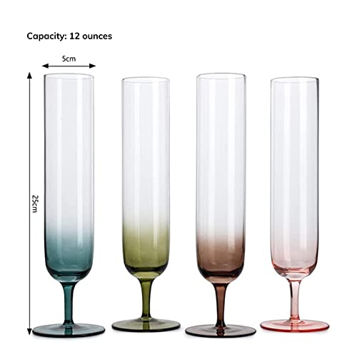 Multicolored Beautiful Champagne Flutes 10" Stemmed - 4 Set- Blue, Green, Brown, Pink - 10.5 Oz Elegant Glass Colored Glasses, Mimosa , Cocktail Bar Glassware Ideal For Home, Weddings - Gift #TOP5