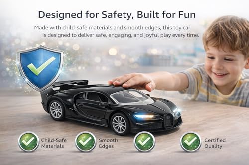 Image of Bugatti Die Cast 1:32 Scale Metal Pull Back Car | Premium Alloy Toy Vehicle with Openable Doors | Realistic Mini Racing Model Car Toy for Kids Boys Girls | Durable Collectible Gift Yellow