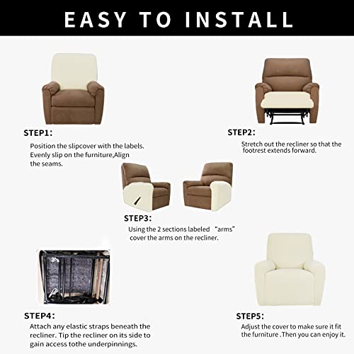 Image of Easy-Going 4 Pieces Waterproof Recliner Chair Slipcover Washable | Stretch Soft Couch Cover for Dogs, Sofa Slipcover for Recliner Couch Furniture Protector for Kids, Pets Ivory