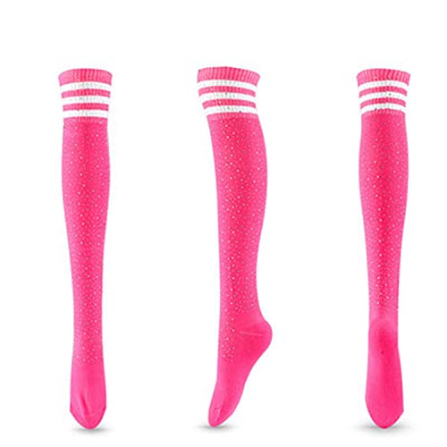 Egurs Dam knästrumpor med knähöga glitter overknee strumpor långa randiga strumpor lårstrumpor av bomull rosa strumpor + vita ränder