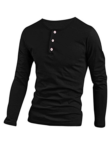 uxcell Men's A Quarter Placket Button Front Stylish Long Sleeved T-Shirt Black L US 42