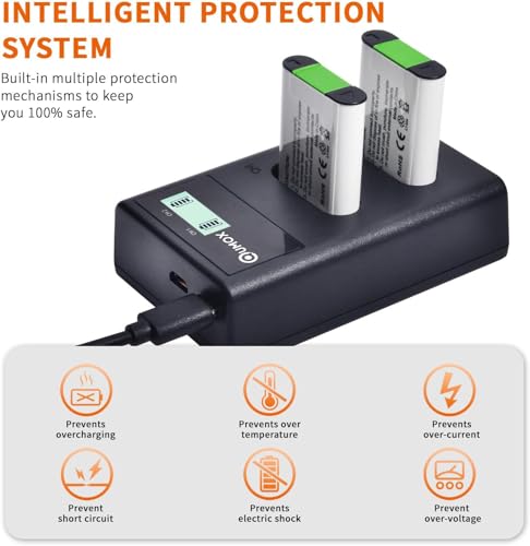 QUMOX 2pcs 950mAh NP-BX1 Battery + LCD Dual USB Charger with Type C Port for Sony NP-BX1/M8, DSC-HX80, HX90V, HX95, HX99, HX350, RX1, RX1R II, RX100 (II/III/IV/V/VA/VI) HDR-AS50, AS300