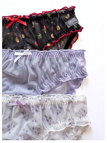 Image of GORGLITTER Women's 5pack Cute Panties Floral Print Low Rise Frilly Panties | Low Waist Underwear Set, Bow Lettuce Trim, Coquette Clothes