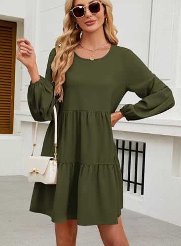 Image of QACOHU Falll Dresses for Women 2026 Crew Neck Long Lantern Sleeve Casual Loose Flowy Swing Shift Dress