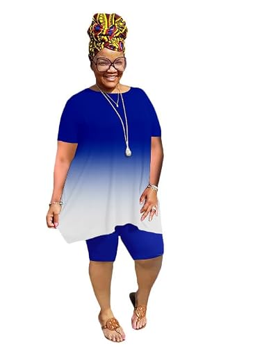 YeGine Women Plus Size 2 Piece Outfits Casual Short Sleeve Tunic Tops Shorts Sets Summer Oversized Tshirts Shorts Sweatsuits Blue Gradient 3XL