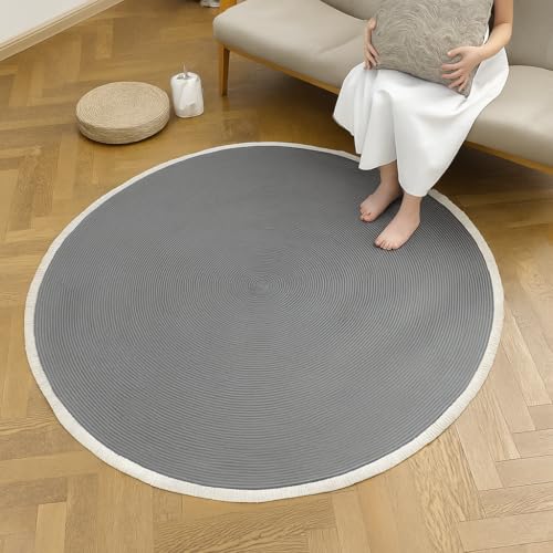 Image of Cotton Round Carpet 3x3 feet - Handmade Braided Boho Rug for Living Room, Bedroom & Balcony - Soft Washable Floor Mat, Color -Grey