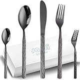 Besteck Set 12 Personen Schwarz,SANLI 60 Teilig Modern Edelstahl Messer Gabel Löffel Steinmuster Griff Besteckset，spülmaschinenfest rostfrei.