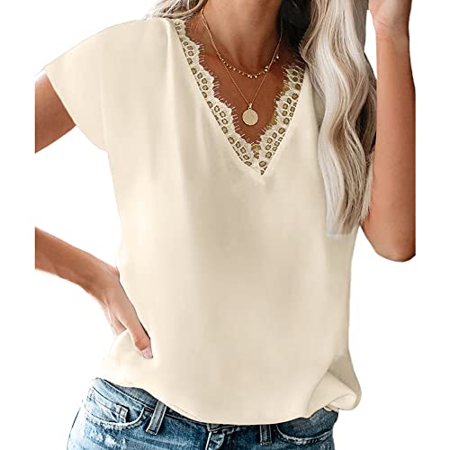 Bipily Mujer Camisa Manga Corta con Cuello en V y Encaje con Cuello en Informal Manga Corta Camisa Blusa Camisole Blouse Shirt Cami Tops de Verano-Albaricoque-M
