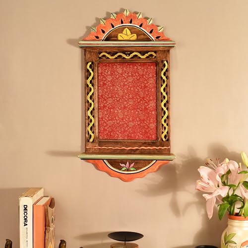 Image of AAKRITI ART CREATIONS Handcrafted Traditional Red Wooden Wall Panel Decorative Art Frame with Floral Art | Matte Finish, Wall Mount Shelf, Living Room Decor | Wall Decoration Items for New Homes
