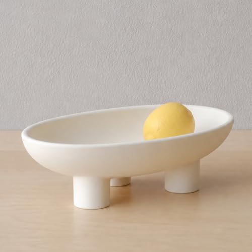 WENSHUO Three-Legs Ceramic Fruit Bowl for Kitchen Counter, Decorative Bowl for Table Décor, 10-inch Oval Large Bowls for Breads (Matte Crème)