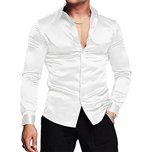Men's Fashion Satin Solid Color Shirt Long Sleeve Shiny Muscle Dress Shirt Silk Casual Dance Party Tuxedo Shirt2