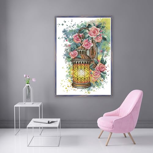 Image of ITSTITCH Stamped Cross Stitch Kits - Full Range of Embroidery Patterns for Beginners or Adults,14 CT 2 Strands DIY Counted Needlepoint Arts Craft-Rose Wall Sconce 10.6x14 inch