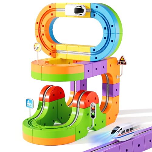 Wdebay klick Rail Electric Train Set 3D Magic Flexible Race Track for Kids 3 4 5 6 7 8 Years Old, 48 pcs Race Car Track Block with Anti-Gravity, Educational STEM Toy Boys Girls Birthday