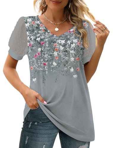 Image of Aokosor Womens Summer Tops V Neck T Shirts Swiss Dot Puff Sleeve Tops Loose Casual Tshirts