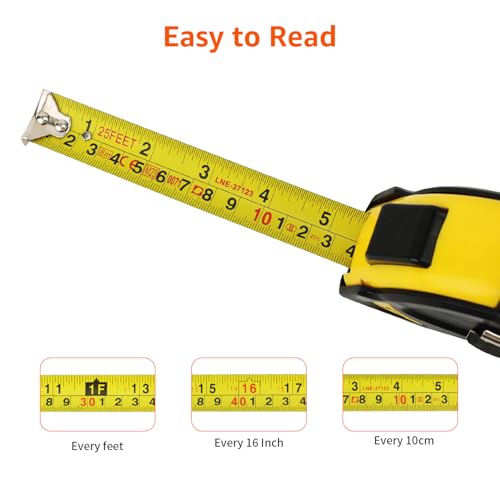 Image of Amazon Basics Self-Locking Tape Measure, 25ft (8-Meters), Accurate Dual Scale inch /Metric, MID Accuracy, Extendable, Yellow, 2 Count (Pack of 12)