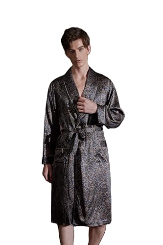 Men's 100% Mulberry Silk Long Robe Kimono Paisley Print Bath Robe, Heavy Silk 19 Momme Dressing Gown
