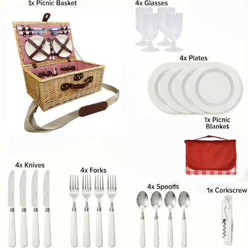 Image of Multifunctional Wicker Picnic Basket Set for 4 Blanket Family Folding Wine Table,Insulated Portable Extra Big Storage Capacity Woven Rattan Canasta De Full Tablewares Camping Outdoor Flowers Pink