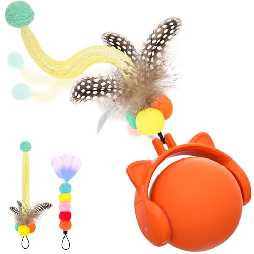 GoldenSun Giocattoli per Gatti, Palla Automatica Rotolante con Coda di Piume per Gatti da Interno, Giocattolo Attivato dal Movimento che Salta e Cinguetta, 3 Modalità Luce LED, Ricaricabile USB