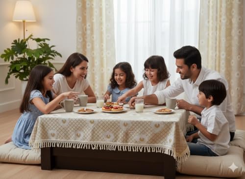 Image of Foil Print Table Cover 46x60 Inch (1 Pc) | Gold Printed Decorative Tablecloth for Center Table, Coffee Table & Dining Table (Off White- Golden)