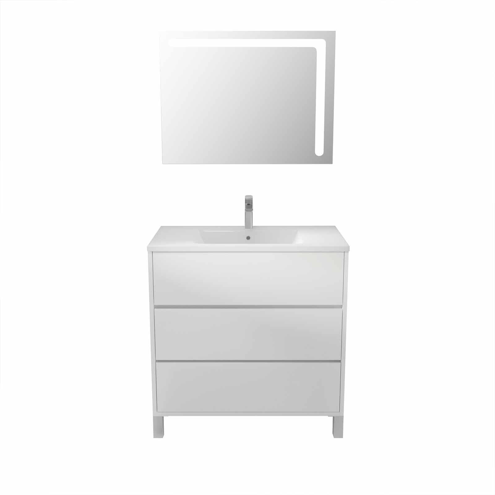 AURLANE Ensemble Meuble de Salle de Bain Blanc 80 cm sur Pied 3 tiroirs + Vasque ceramique Blanche + Miroir