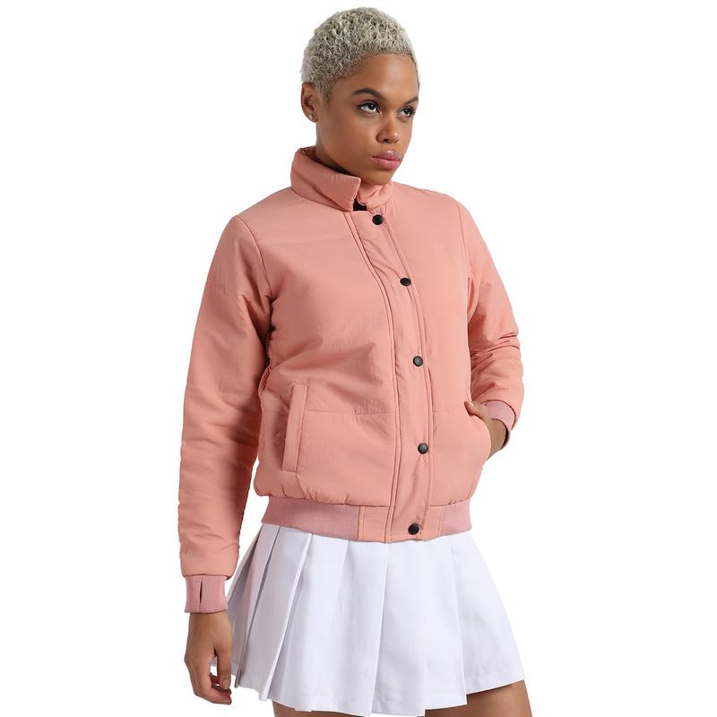 Image of PINACOLADA Women's Pink Puffer Regular Fit Bomber Jacket For Winter Wear | Standing Collar | Full Sleeve | Buttoned | Casual Jacket For Woman & Girl | Western Stylish Jacket For Women