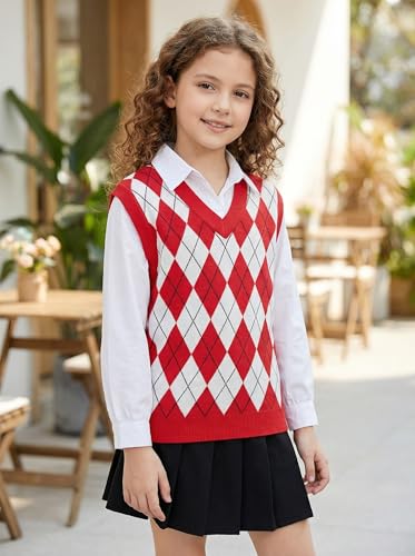 Image of SELINK Boys Girls V Neck Argyle Knit School Uniform Sweater Vest | Soft Cotton Polyester Blend Knitted Vest,Stockinette Stitch,Hand Wash Only For School Uniform Daily Wear