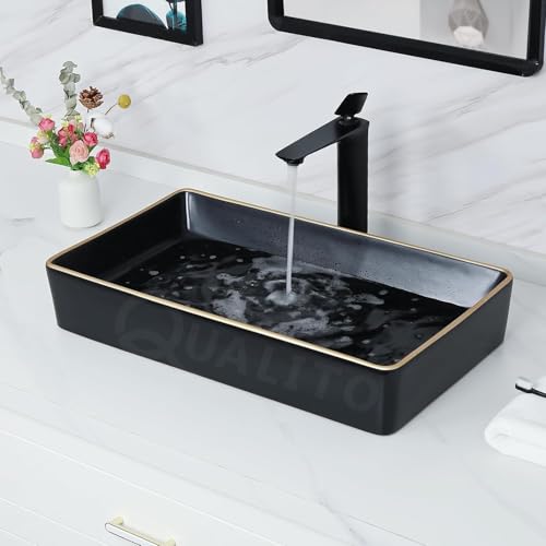 Image of QUALITO Black Golden Table Top Wash Basin for Bathroom, Living Room, Hall, Dinning Room | Big Size Ceramic Vessel Sink /Basin | Matt Finish Black Vanity Basin (24x14x5 Inch)