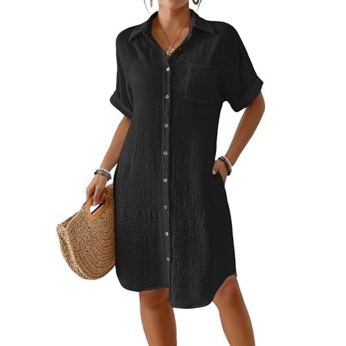 Bsubseach Womens Swimsuit Coverup Long Button Down Bathing Suit Cover Ups Short Sleeve Summer Beach Shirt Dress with Pockets Black X-Large