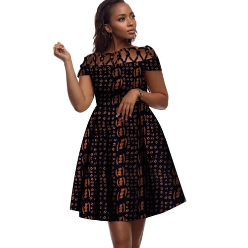 Image of XIAOHUAGUA African Dresses for Women Cotton Cutout Neck Short Sleeve Ankara Dashiki Cocktail Party A-Line Flare Dress
