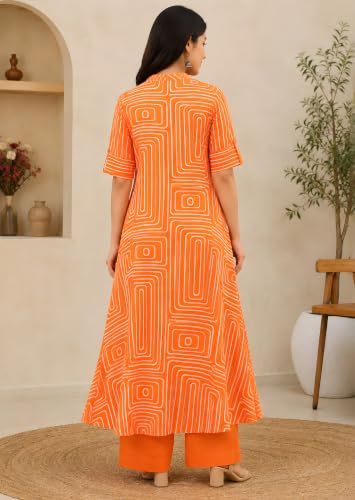 Image of Yash Gallery Women's Cotton Printed A-Line Kurta with Pant Set |Lilac Geometric Print|Mandarin Collar, Front Buttons & Short Roll-Up Sleeves|Casual & Office Ethnic Wear