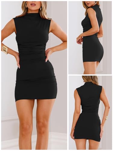 Women's Sexy Summer Casual Mock Neck Sleeveless Bodycon Dresses Ruched Turtleneck Cocktail Party Mini Dress2