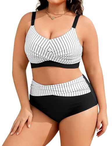 Image of Tuopuda Plus Size Bikini Sets for Women UK Two Piece Bikini Top High Waisted Bikini Bottom Tummy Control Ruched Bathing Suits Swimming Costume 2 Piece Padded Beachwear, Striped&Black, 3XL