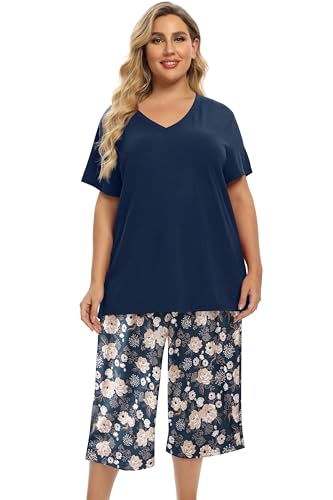 Image of Vozanet Women's V Neck Sexy Pajamas Capri Sets Mexican Style Floral Sleepwear 2PCS Totem Casual Nighty Plus Size M to 5XL