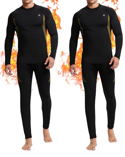 CL convallaria 2 Pack Mens Thermal Underwear Fleece Lined Long Johns Base Layer for Cold Weather Winter Hunting Gear Crew Neck Black & Black Large