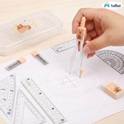 Image of FunBlast Capybara Theme Compass Set - 7 Pcs Transparent Geometry Box with Protector, Set Squares, Ruler, Compasses, Ruler Set, Math Geometry Kit for Student & Professional (LightBrown)