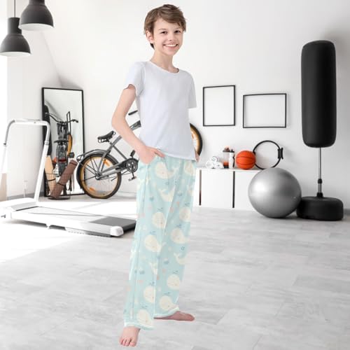 Boy's Pj Pants Whale Seashells Flowers Light Blue Lounge Bottoms Elastic Waist Kids Joggers with Pockets Size 6-14 6