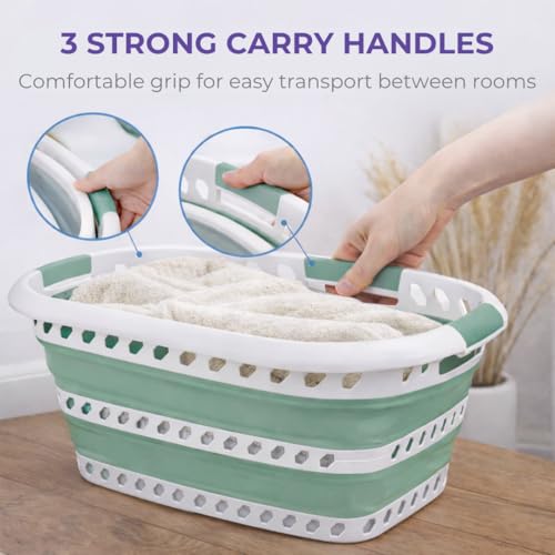 Image of Laundry 360 Collapsible Laundry Basket | Portable | Space Saver Storage | Hold 2 Loads | Store Under the Bed or Closet | Good for Kids | Dorm | Bedroom | Large | White /Sage