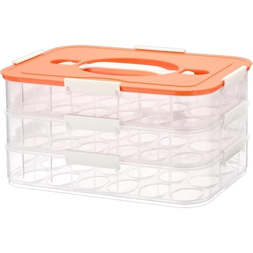 GUDAJIN 3-Tier Deviled Egg Platter with Lid, 54-Grid Portable Transparent Refrigerator Tray, Reusable Egg Holder, Portable Handle, Easily Moveable (Orange)