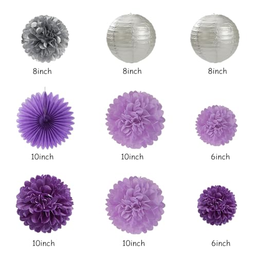 Image of Purple Silver Birthday Party-Decorations Paper-Flowers - 14pcs Happy Banner Lavender Lanterns Tissue Pom Poms,Lilac Streamers Garland Fans,Women Girls Adult Kids Office Hanging Supplies Decor Hugfond