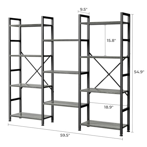 Image of SUPERJARE Triple Bookshelf, Bookcase with 11 Open Display Shelves, Wide Book Shelf Book Case for Home & Office, 4 Tier, Grey
